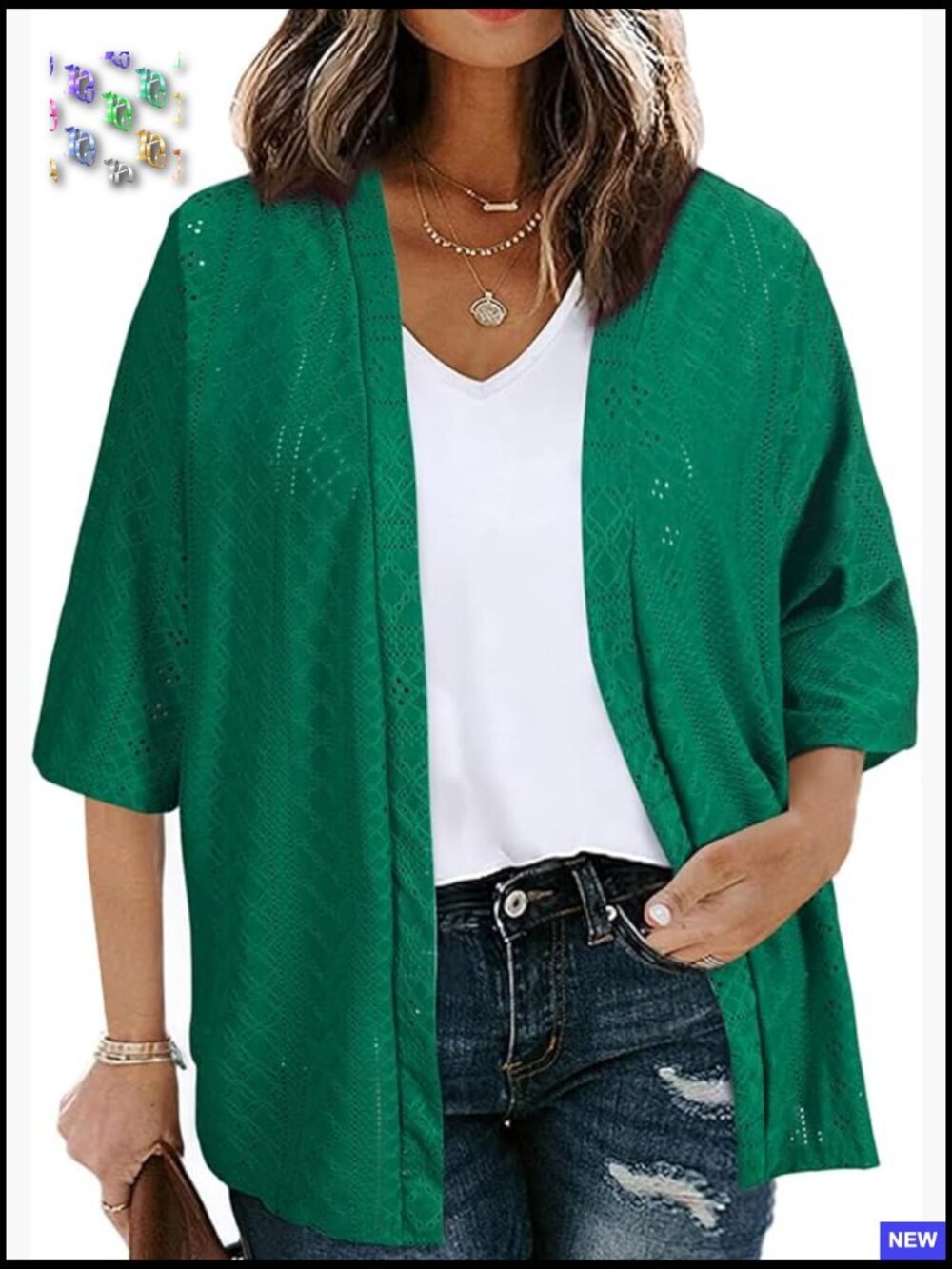 Plus Size Knitted Jacquard Cardigan Half Sleeve Summer Cover Up Open Front